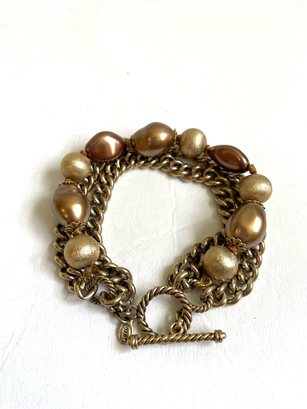 Vintage Signed Monet Three Strand Bracelet Gold Tones Chain Link Variant Stones